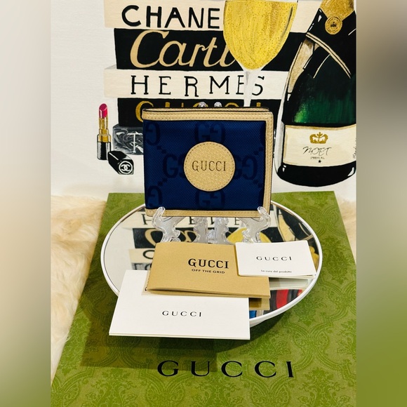 GUCCI OFF THE GRID Nylon Bifold Wallet Unisex Navy Blue/Beige - Picture 1 of 15